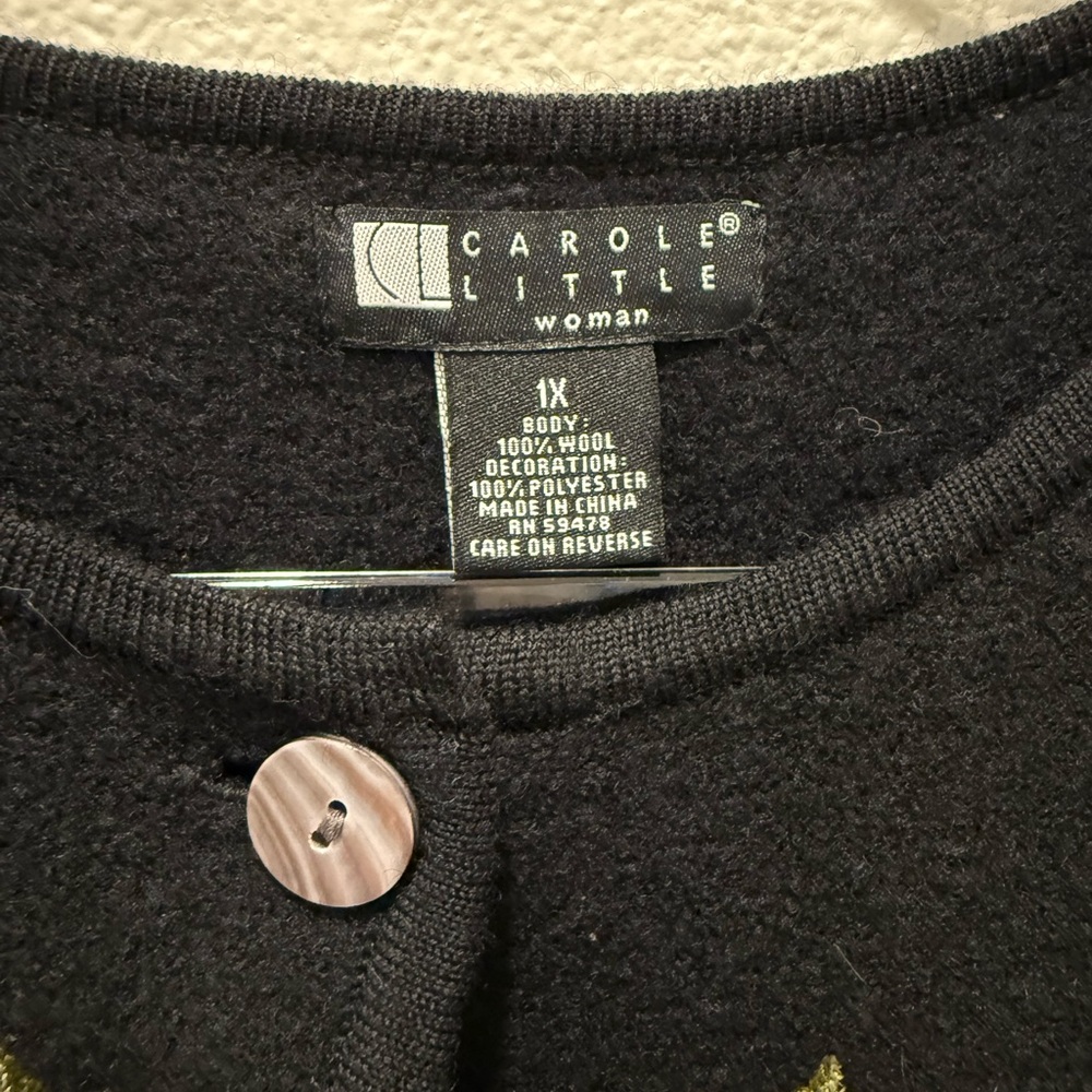 Carole Little Black Wool Floral Embroidered Button Cardigan 1X - Picture 2 of 6